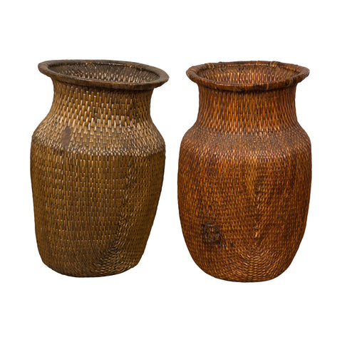 Two Oversized Chinese Rattan Grain Baskets with Flaring Necks, Sold Each-YN7688-1. Asian & Chinese Furniture, Art, Antiques, Vintage Home Décor for sale at FEA Home