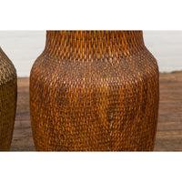 Two Oversized Chinese Rattan Grain Baskets with Flaring Necks, Sold Each