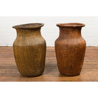 Two Oversized Chinese Rattan Grain Baskets with Flaring Necks, Sold Each