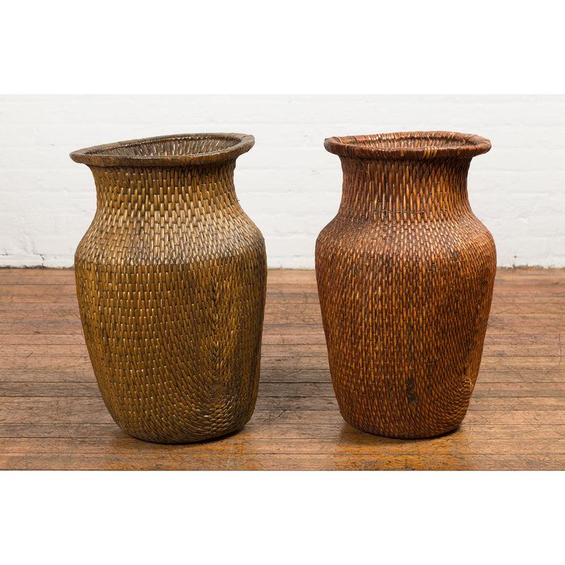 Two Oversized Chinese Rattan Grain Baskets with Flaring Necks, Sold Each-YN7688-17. Asian & Chinese Furniture, Art, Antiques, Vintage Home Décor for sale at FEA Home
