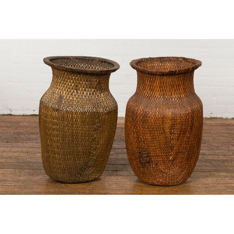 Two Oversized Chinese Rattan Grain Baskets with Flaring Necks, Sold Each-YN7688-2. Asian & Chinese Furniture, Art, Antiques, Vintage Home Décor for sale at FEA Home