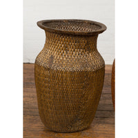 Two Oversized Chinese Rattan Grain Baskets with Flaring Necks, Sold Each