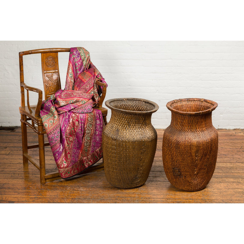 Two Oversized Chinese Rattan Grain Baskets with Flaring Necks, Sold Each-YN7688-4. Asian & Chinese Furniture, Art, Antiques, Vintage Home Décor for sale at FEA Home