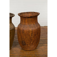 Two Oversized Chinese Rattan Grain Baskets with Flaring Necks, Sold Each