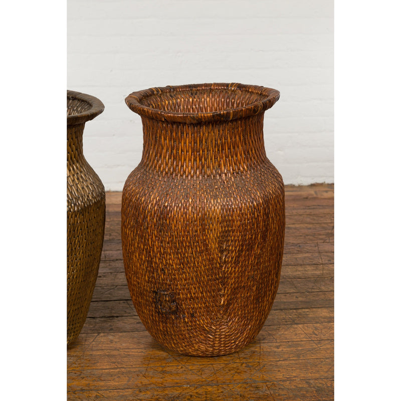 Two Oversized Chinese Rattan Grain Baskets with Flaring Necks, Sold Each-YN7688-9. Asian & Chinese Furniture, Art, Antiques, Vintage Home Décor for sale at FEA Home