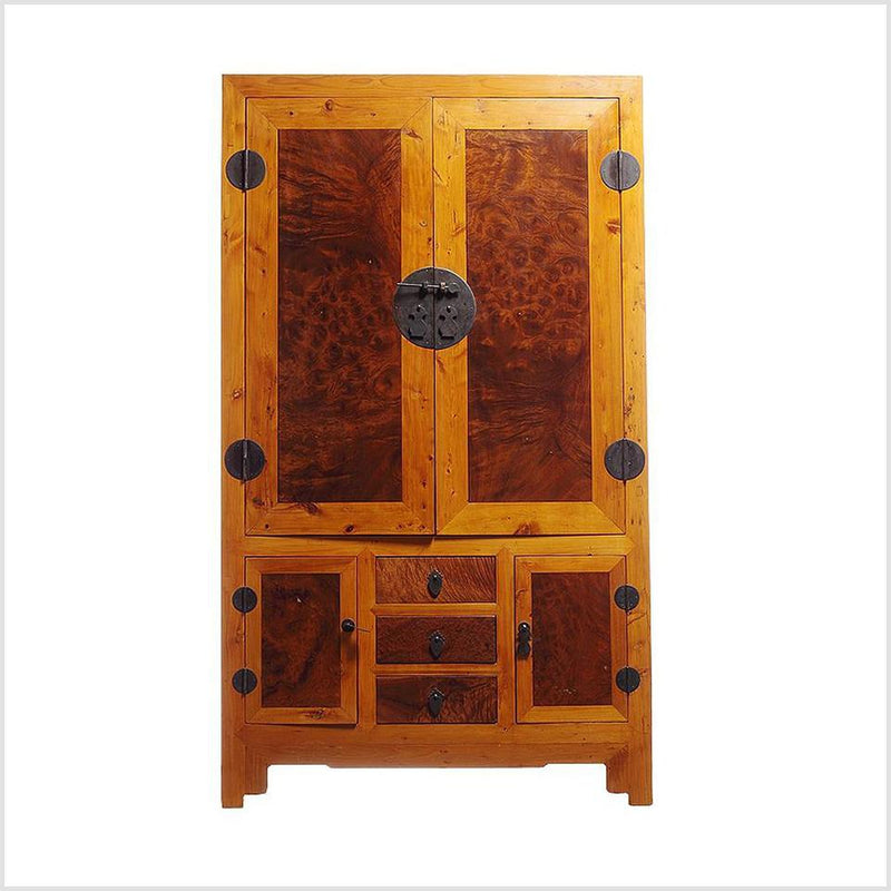 Two-Tone Burl Wood, Elmwood Armoire with Doors and Drawers- Asian Antiques, Vintage Home Decor & Chinese Furniture - FEA Home