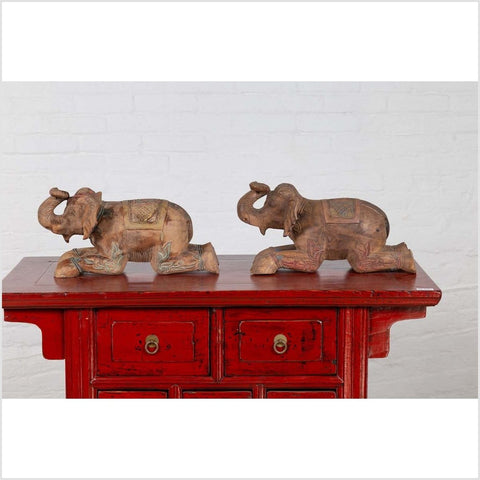 Two Vintage Thai Handmade Carved and Painted Elephant Sculptures from Chiang Mai-YN6482-15. Asian & Chinese Furniture, Art, Antiques, Vintage Home Décor for sale at FEA Home
