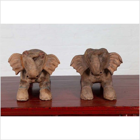 Two Vintage Thai Handmade Carved and Painted Elephant Sculptures from Chiang Mai-YN6482-16. Asian & Chinese Furniture, Art, Antiques, Vintage Home Décor for sale at FEA Home