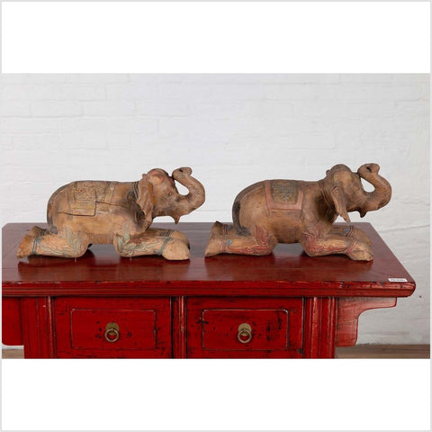 Two Vintage Thai Handmade Carved and Painted Elephant Sculptures from Chiang Mai-YN6482-17. Asian & Chinese Furniture, Art, Antiques, Vintage Home Décor for sale at FEA Home