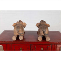 Two Vintage Thai Handmade Carved and Painted Elephant Sculptures from Chiang Mai