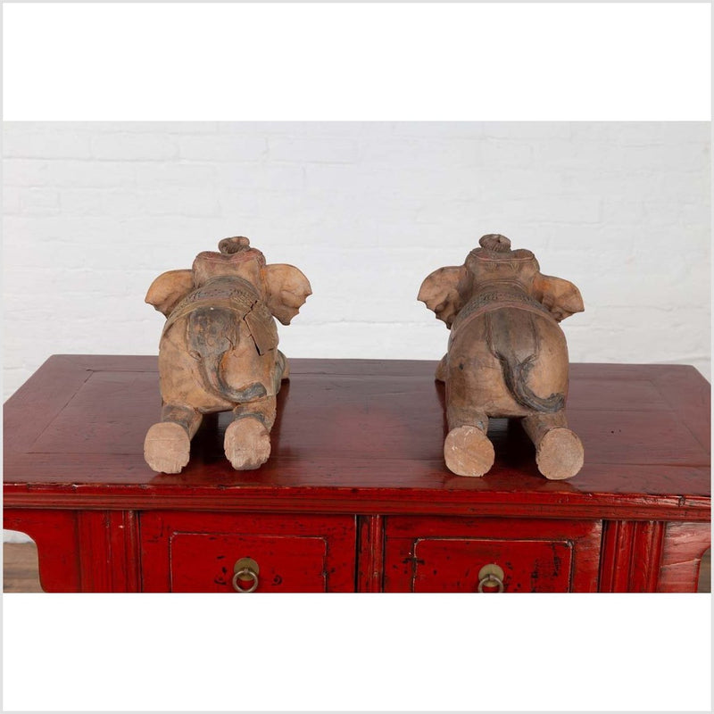 Two Vintage Thai Handmade Carved and Painted Elephant Sculptures from Chiang Mai-YN6482-18. Asian & Chinese Furniture, Art, Antiques, Vintage Home Décor for sale at FEA Home