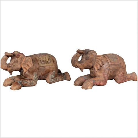 Two Vintage Thai Handmade Carved and Painted Elephant Sculptures from Chiang Mai-YN6482-1. Asian & Chinese Furniture, Art, Antiques, Vintage Home Décor for sale at FEA Home