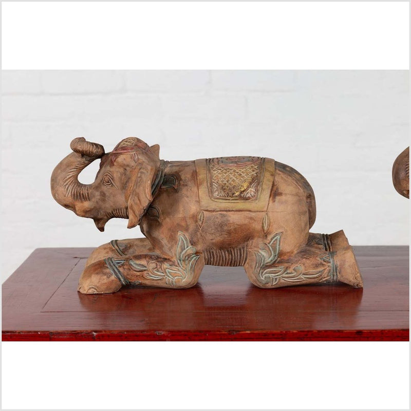 Two Vintage Thai Handmade Carved and Painted Elephant Sculptures from Chiang Mai-YN6482-5. Asian & Chinese Furniture, Art, Antiques, Vintage Home Décor for sale at FEA Home