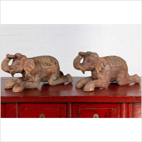 Two Vintage Thai Handmade Carved and Painted Elephant Sculptures from Chiang Mai-YN6482-2. Asian & Chinese Furniture, Art, Antiques, Vintage Home Décor for sale at FEA Home