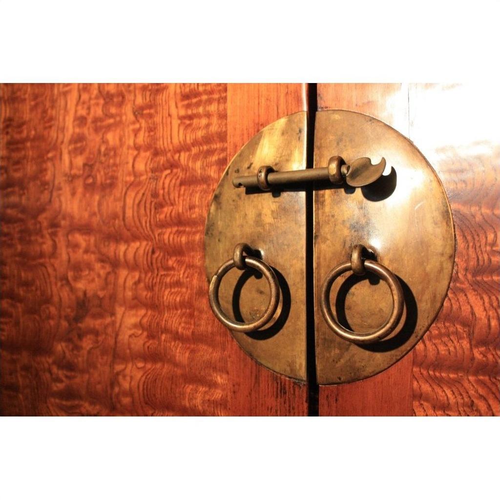 Close-up of round brass lock with rings and latch on warm, textured burl wood cabinet door.