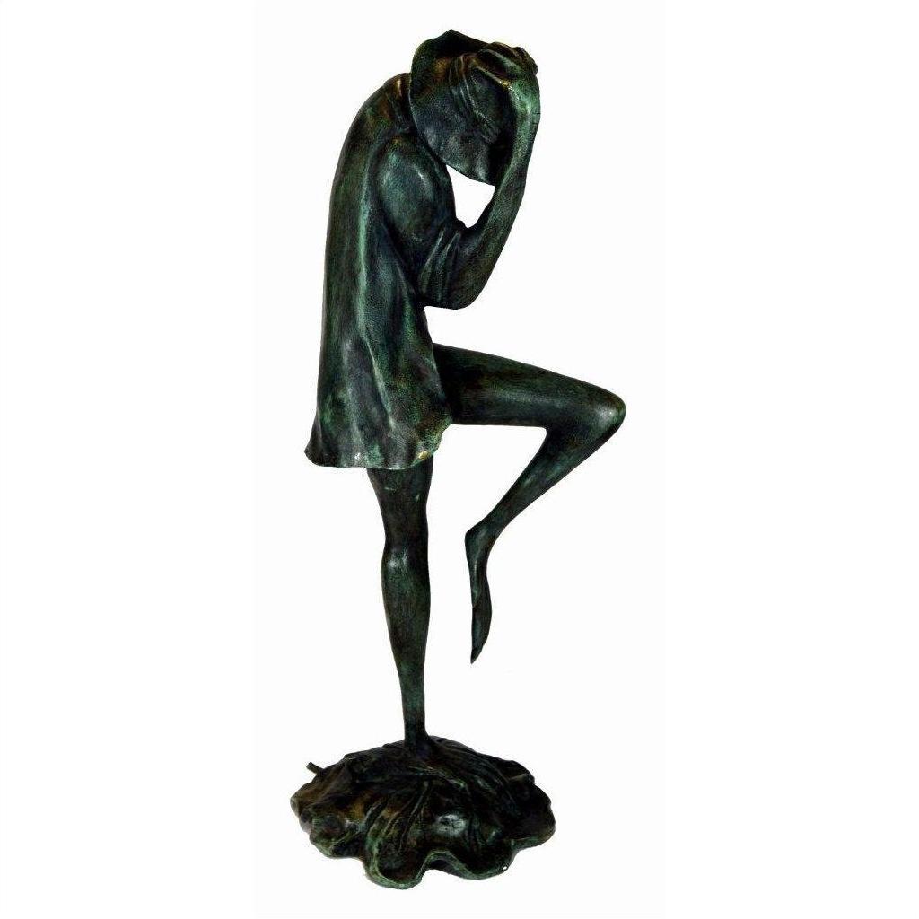 Verde gris bronze frog sculpture, "Michelle," standing on one leg with bowed head, hand on head, loose shirt.