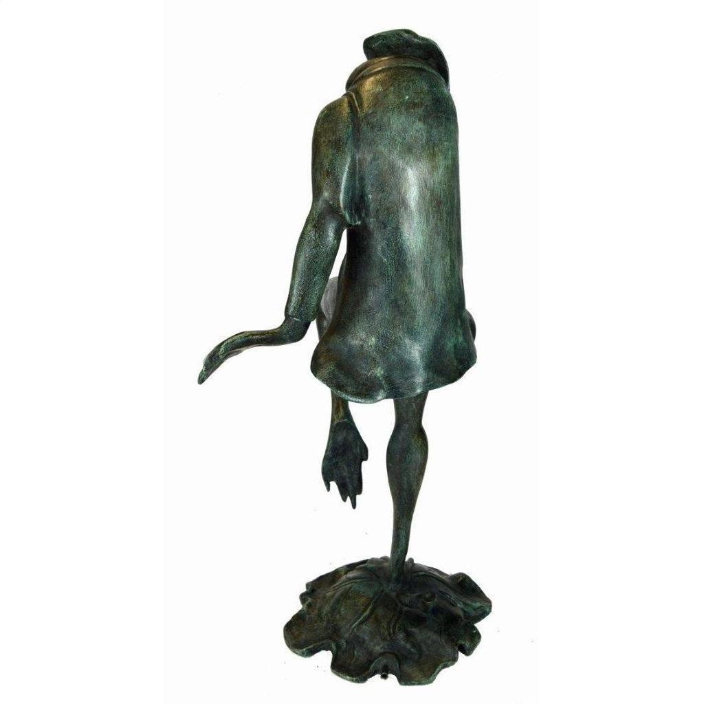 Verde gris bronze pond frog statue, headless, one-legged, wearing a coat with outstretched arm.