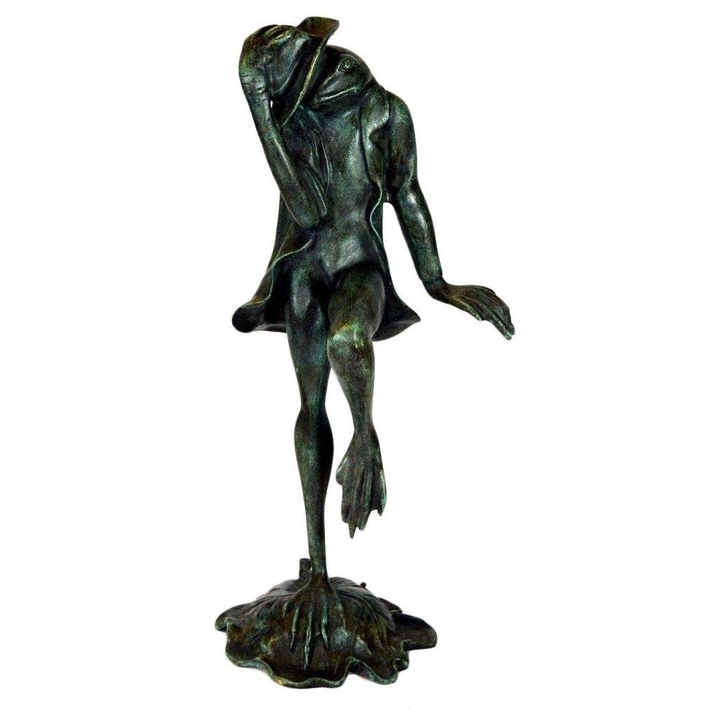 Verde gris bronze frog figurine tipping hat, one leg raised, crafted by lost wax technique.