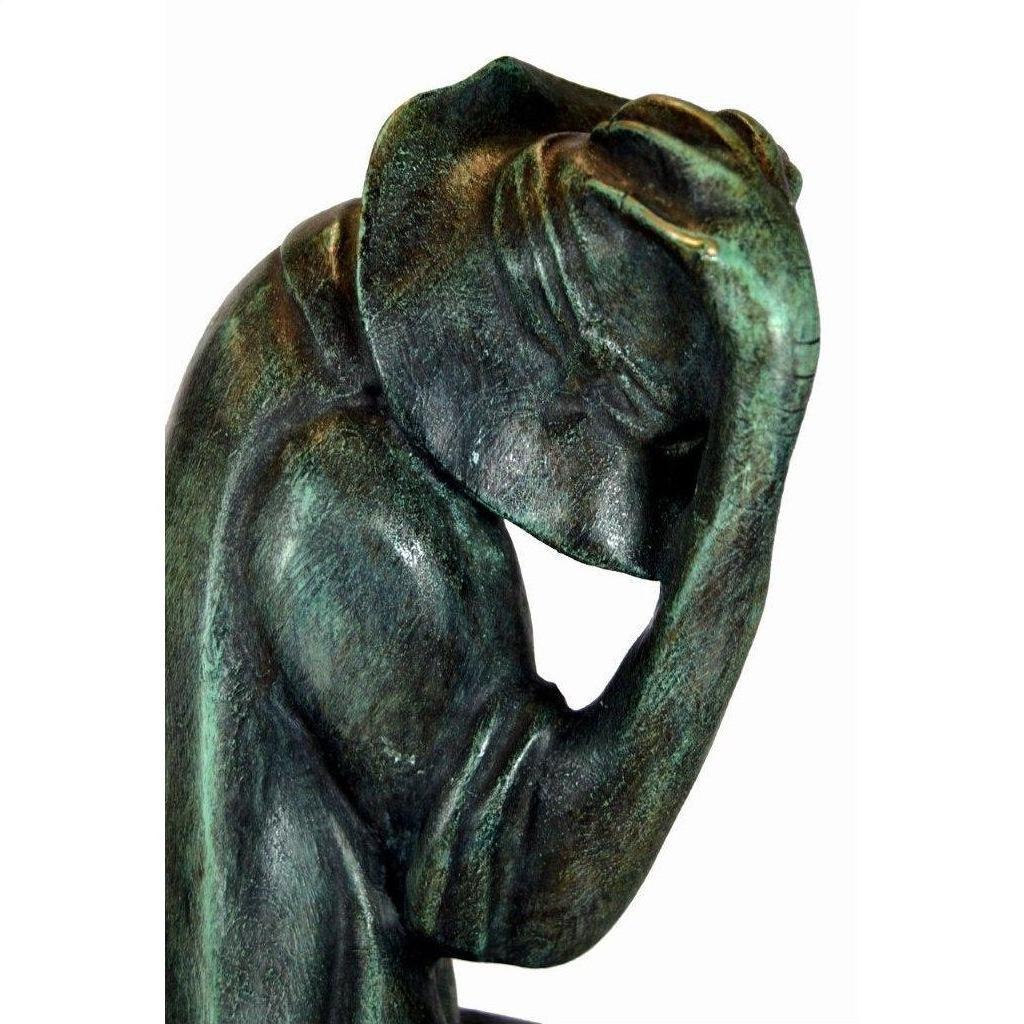 Verde gris bronze frog statue "Michelle" with head bowed, hand to forehead, lost wax method, close-up.