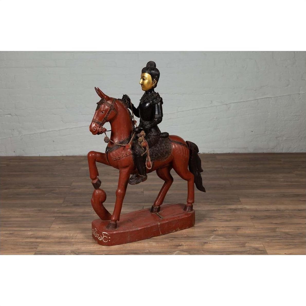 Vintage Burmese Polychrome Carved Wooden Statue of a Warrior on his Horse-12. Asian &amp; Chinese Furniture, Art, Antiques, Vintage Home Décor for sale at FEA Home
