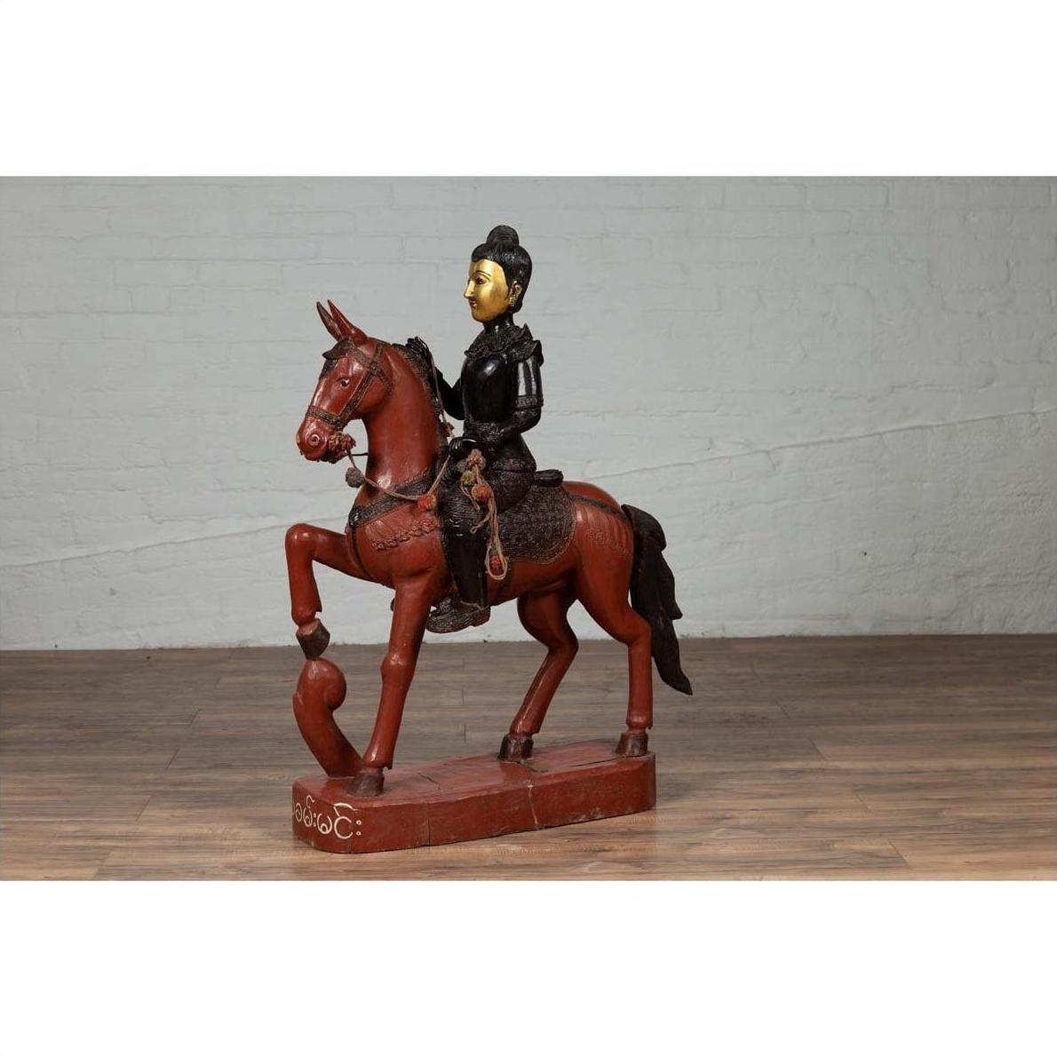 Vintage Burmese Polychrome Carved Wooden Statue of a Warrior on his Horse-13. Asian &amp; Chinese Furniture, Art, Antiques, Vintage Home Décor for sale at FEA Home