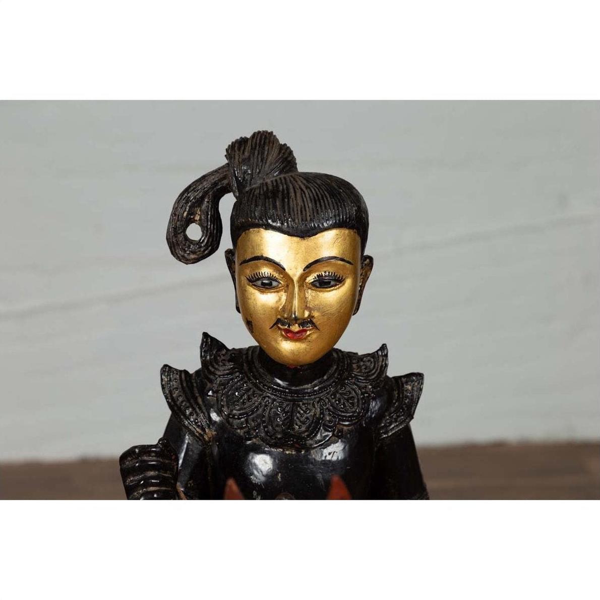 Vintage Burmese Polychrome Carved Wooden Statue of a Warrior on his Horse-14. Asian &amp; Chinese Furniture, Art, Antiques, Vintage Home Décor for sale at FEA Home