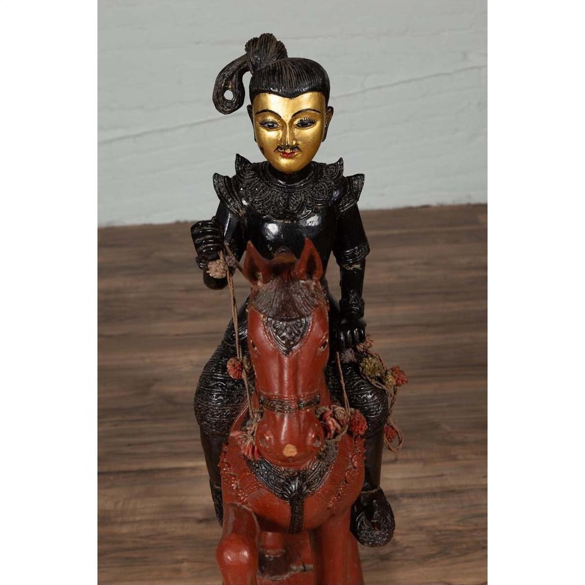 Vintage Burmese Polychrome Carved Wooden Statue of a Warrior on his Horse-15. Asian &amp; Chinese Furniture, Art, Antiques, Vintage Home Décor for sale at FEA Home
