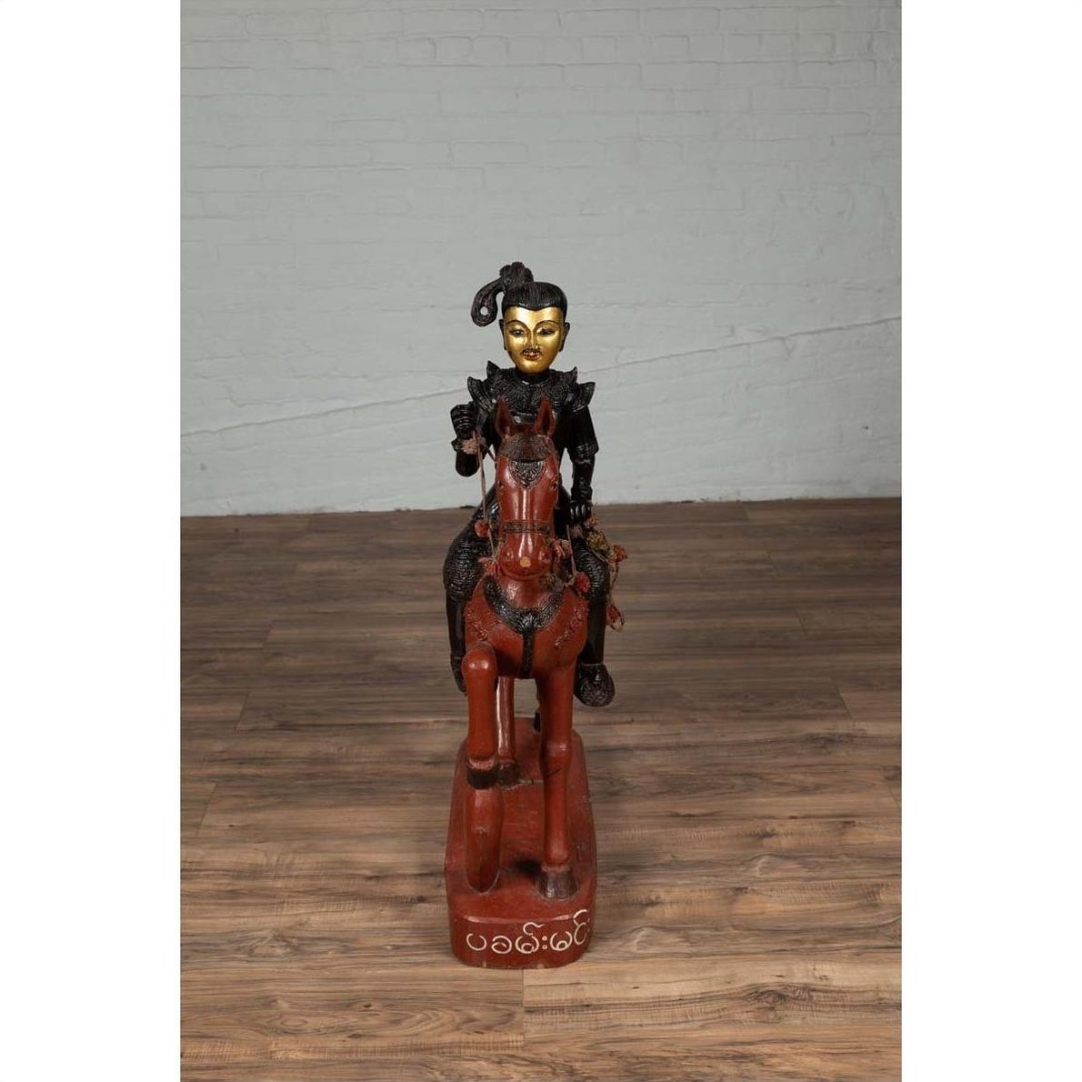 Vintage Burmese Polychrome Carved Wooden Statue of a Warrior on his Horse-16. Asian &amp; Chinese Furniture, Art, Antiques, Vintage Home Décor for sale at FEA Home