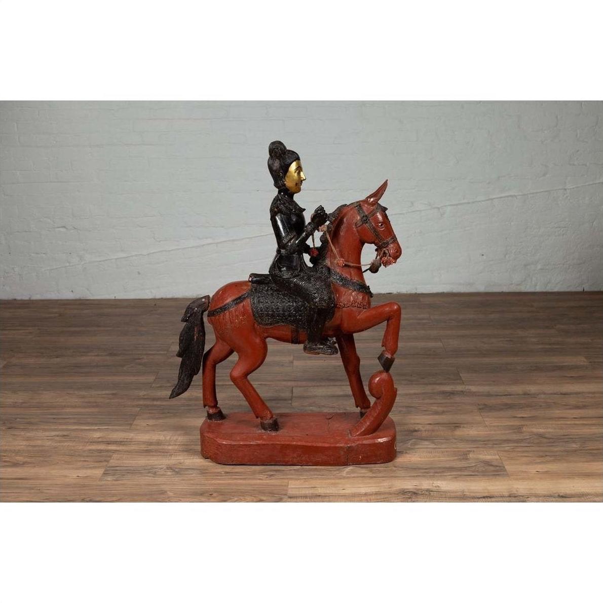 Vintage Burmese Polychrome Carved Wooden Statue of a Warrior on his Horse-17. Asian &amp; Chinese Furniture, Art, Antiques, Vintage Home Décor for sale at FEA Home