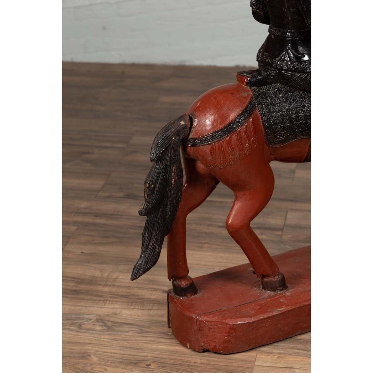 Vintage Burmese Polychrome Carved Wooden Statue of a Warrior on his Horse-18. Asian &amp; Chinese Furniture, Art, Antiques, Vintage Home Décor for sale at FEA Home