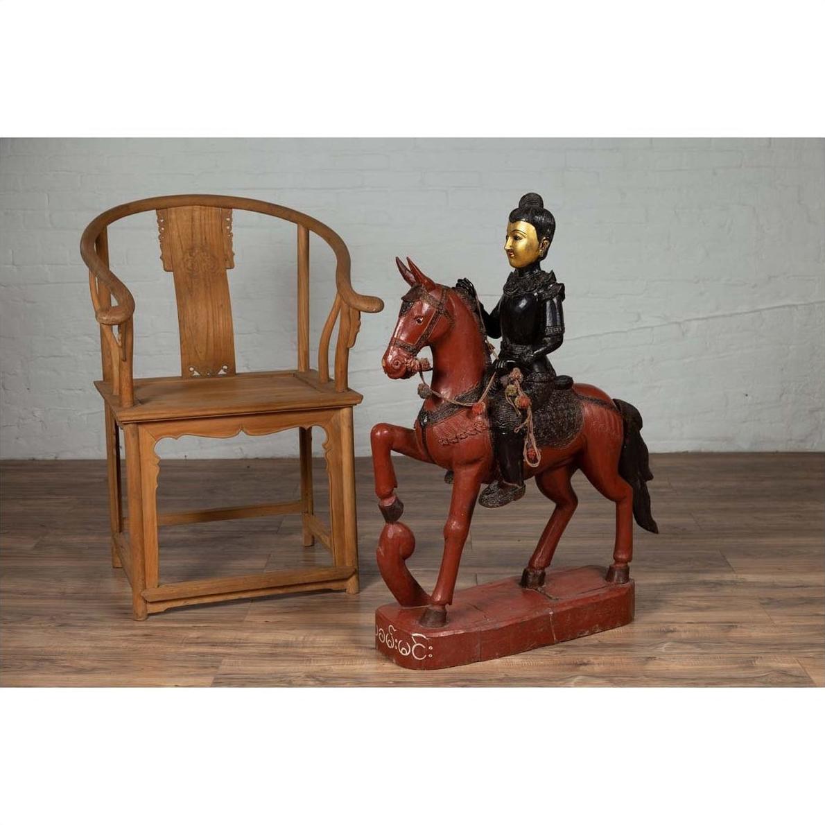 Vintage Burmese Polychrome Carved Wooden Statue of a Warrior on his Horse-19. Asian &amp; Chinese Furniture, Art, Antiques, Vintage Home Décor for sale at FEA Home