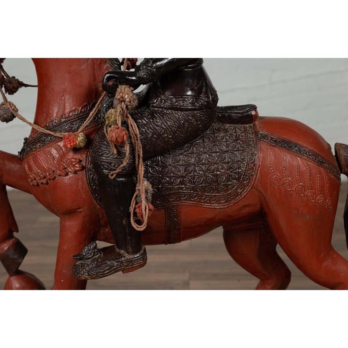 Vintage Burmese Polychrome Carved Wooden Statue of a Warrior on his Horse-10. Asian &amp; Chinese Furniture, Art, Antiques, Vintage Home Décor for sale at FEA Home
