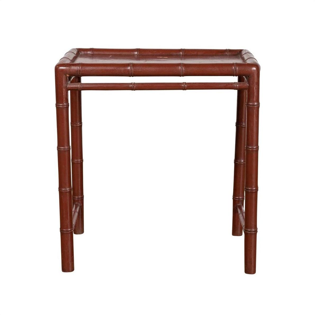 Brown bamboo side table with recessed top, vintage 1950s style, shown on a plain white background.