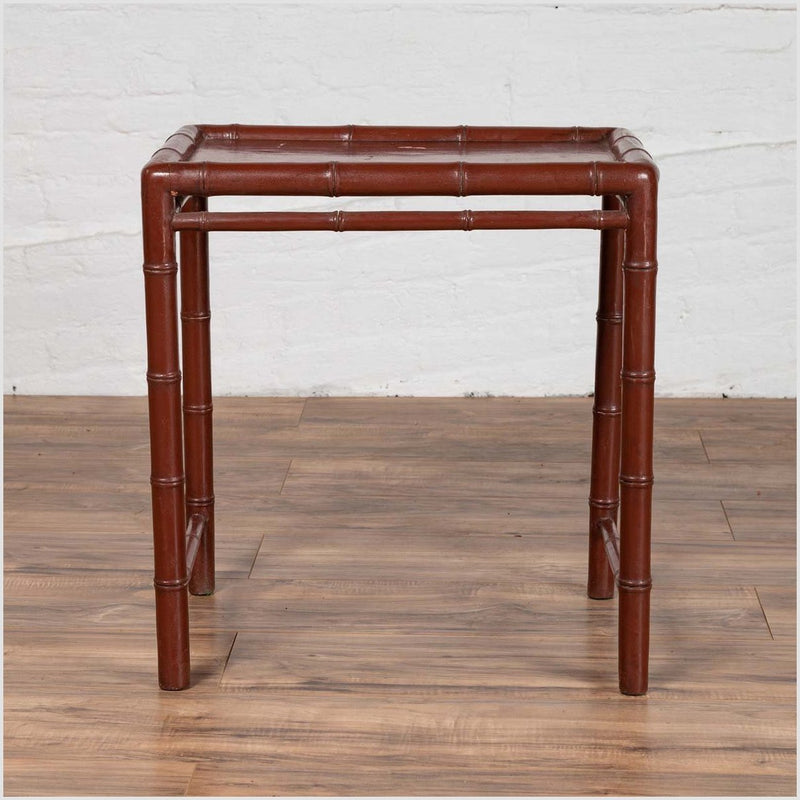 Vintage Chinese 1950s Bamboo Side Table with Brownish Patina and Recessed Top-YN6149-2. Asian & Chinese Furniture, Art, Antiques, Vintage Home Décor for sale at FEA Home