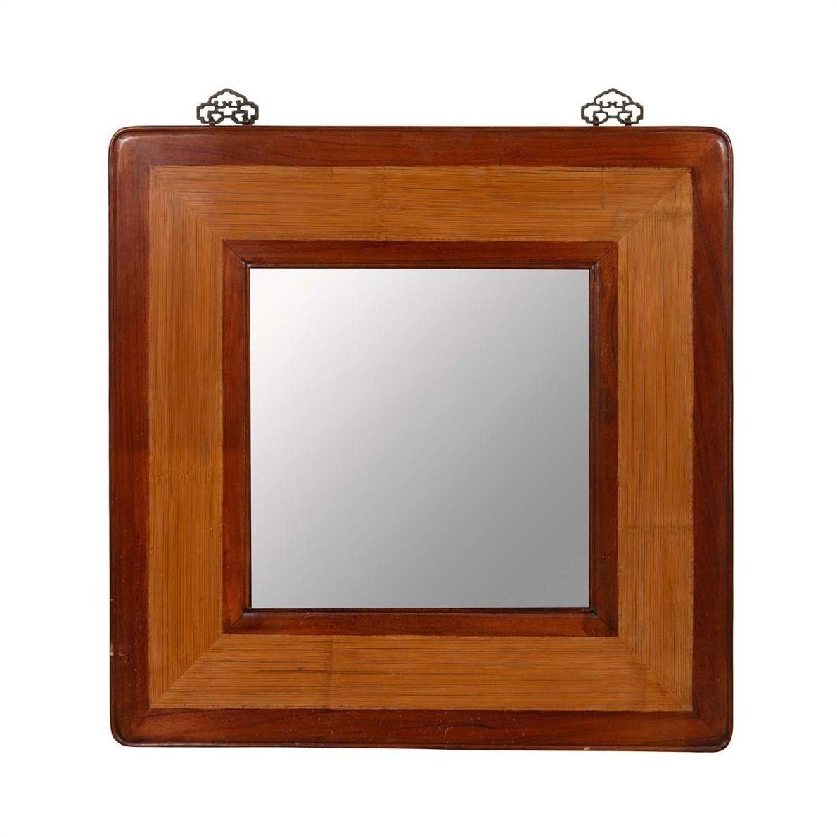 Close-up of vintage Chinese 1950s square mirror with two-toned elm and rattan frame, beveled glass, hanging hooks.