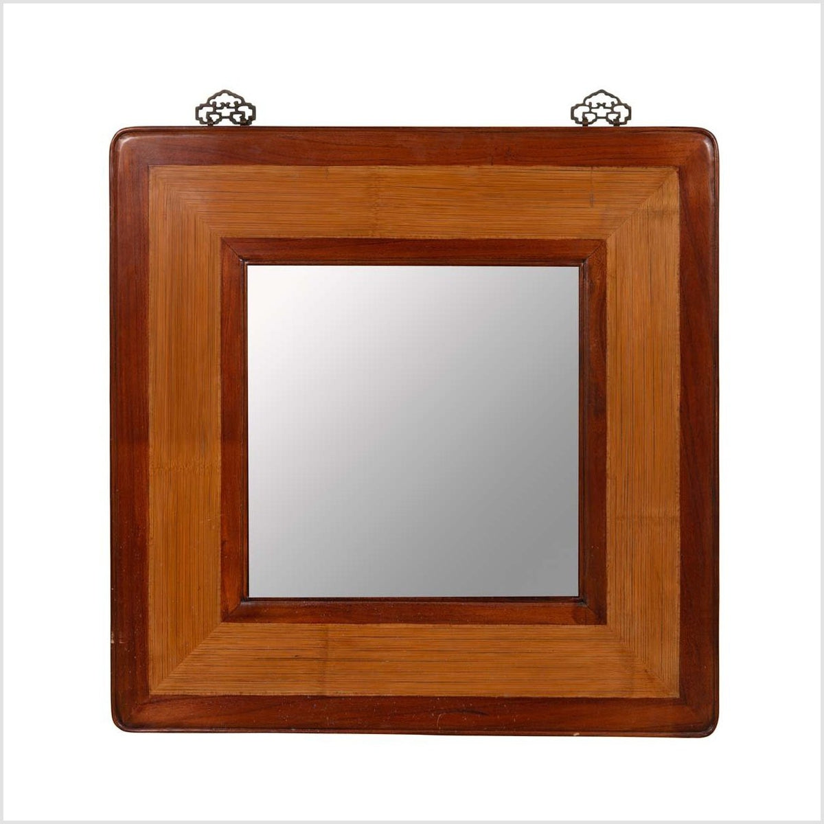 Vintage Chinese 1950s Two-Toned Elm and Rattan Square Mirror with Beveled Glass-1. Asian & Chinese Furniture, Art, Antiques, Vintage Home Décor for sale at FEA Home