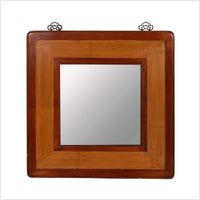 Vintage Chinese 1950s Two-Toned Elm and Rattan Square Mirror with Beveled Glass
