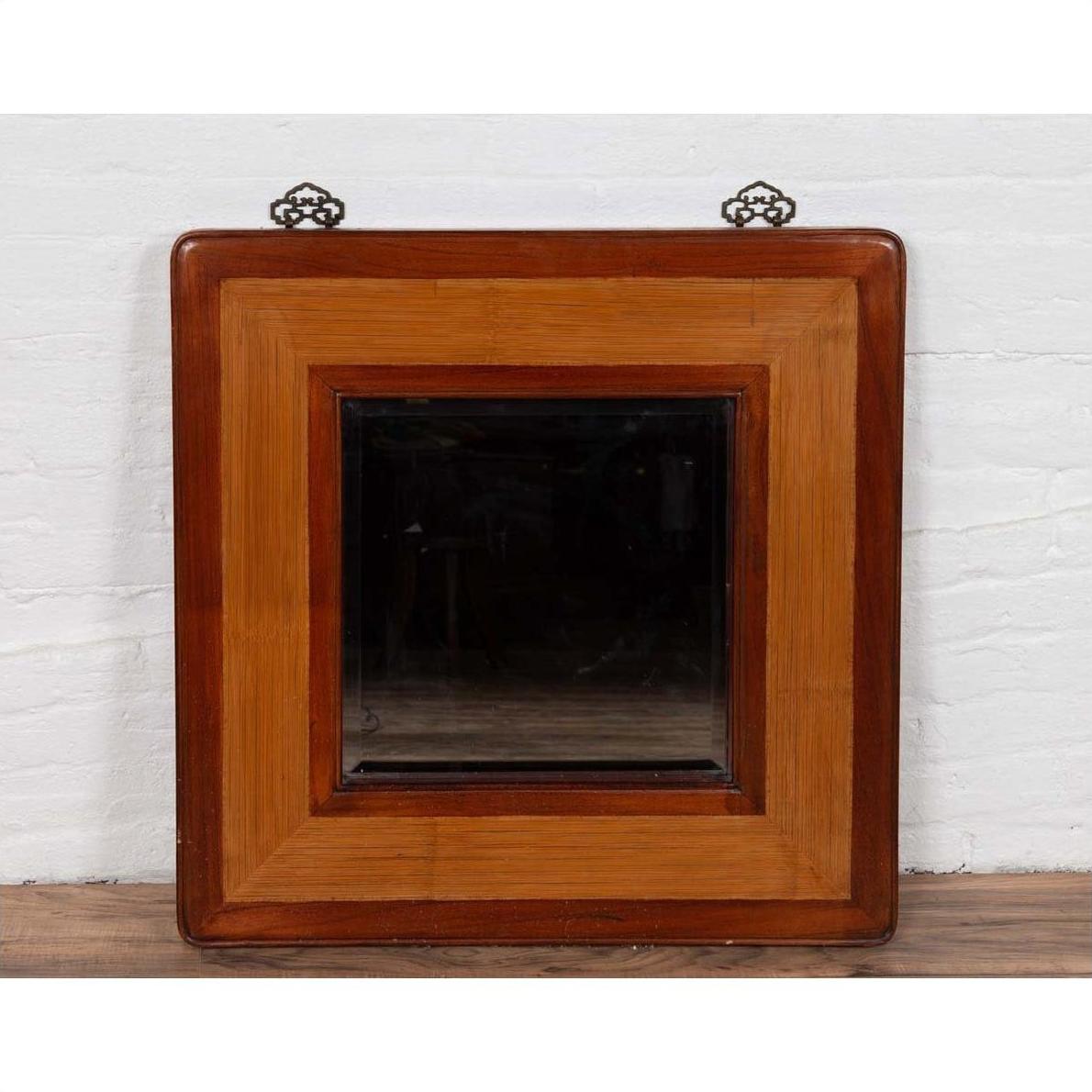 Vintage Chinese 1950s Two-Toned Elm and Rattan Square Mirror with Beveled Glass-9. Asian &amp; Chinese Furniture, Art, Antiques, Vintage Home Décor for sale at FEA Home