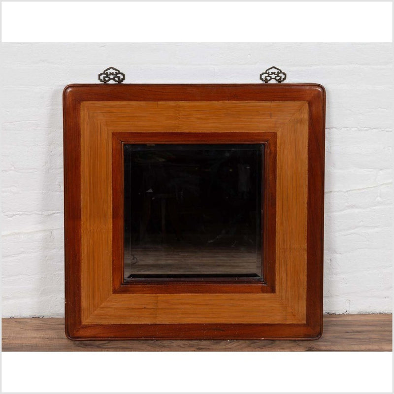 Vintage Chinese 1950s Two-Toned Elm and Rattan Square Mirror with Beveled Glass-YN6388-9. Asian & Chinese Furniture, Art, Antiques, Vintage Home Décor for sale at FEA Home
