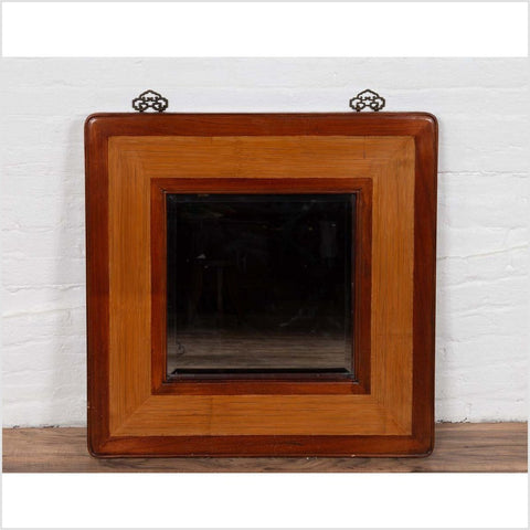 Vintage Chinese 1950s Two-Toned Elm and Rattan Square Mirror with Beveled Glass-YN6388-9. Asian & Chinese Furniture, Art, Antiques, Vintage Home Décor for sale at FEA Home