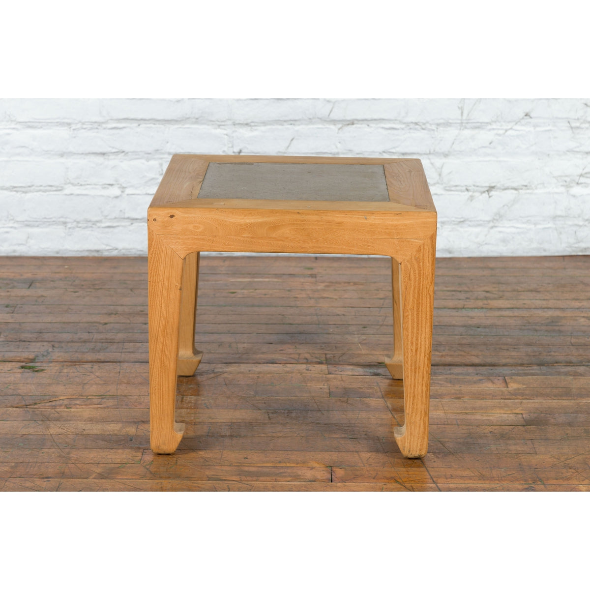 Vintage Chinese Bleached Elmwood Square Side Table with Stone Tile Inset Top-2. Asian & Chinese Furniture, Art, Antiques, Vintage Home Décor for sale at FEA Home