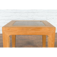 Vintage Chinese Bleached Elmwood Square Side Table with Stone Tile Inset Top