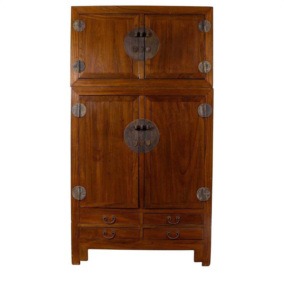 Brown Chinese elm wood wedding wardrobe with metal hinges, four doors, and four lower drawers, front view.