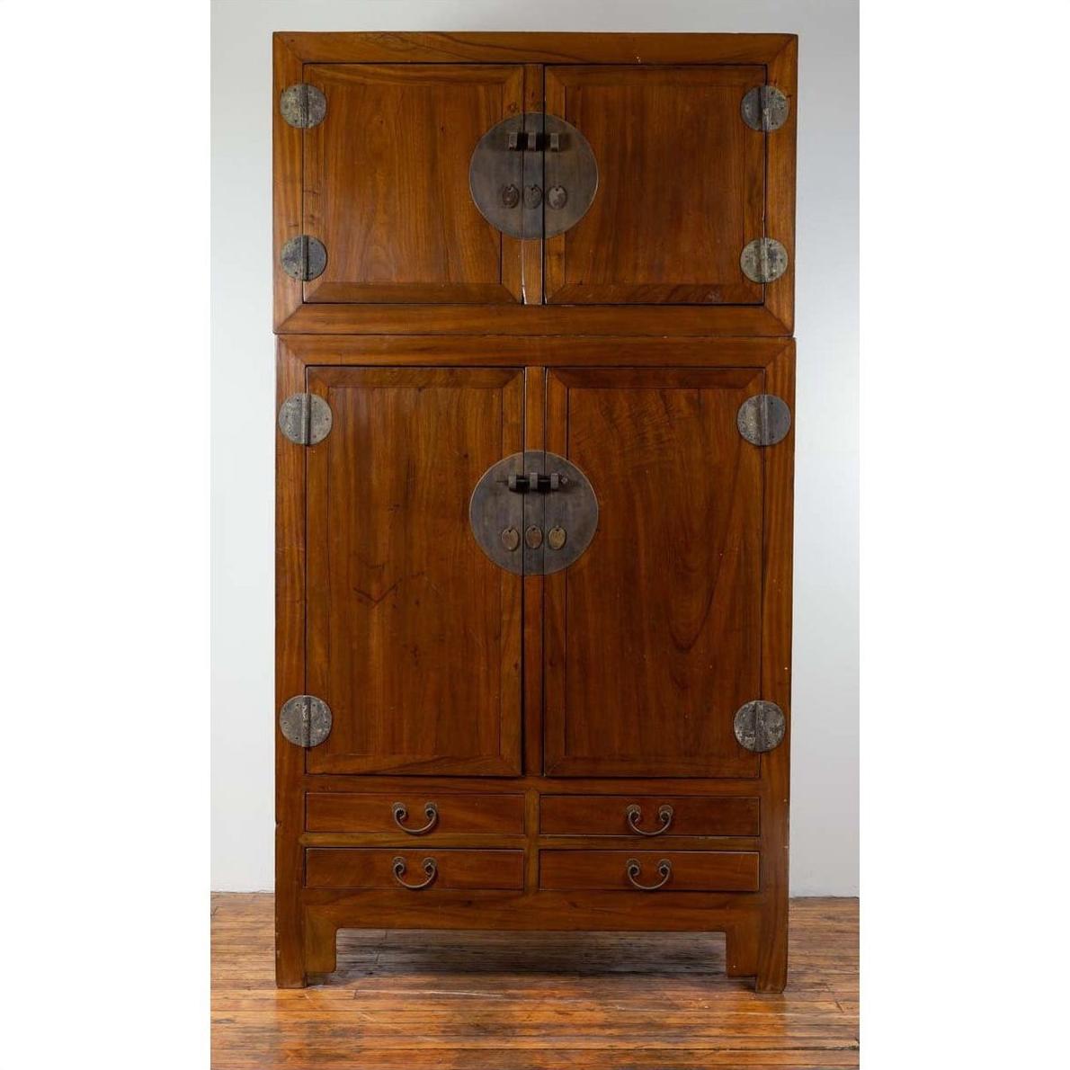 Brown Chinese elm wedding wardrobe with metal hinges and double doors, shown in two stacked sections.