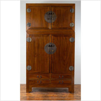 Vintage Chinese Elm Compound Wedding Wardrobe in Two Parts with Metal Hinges