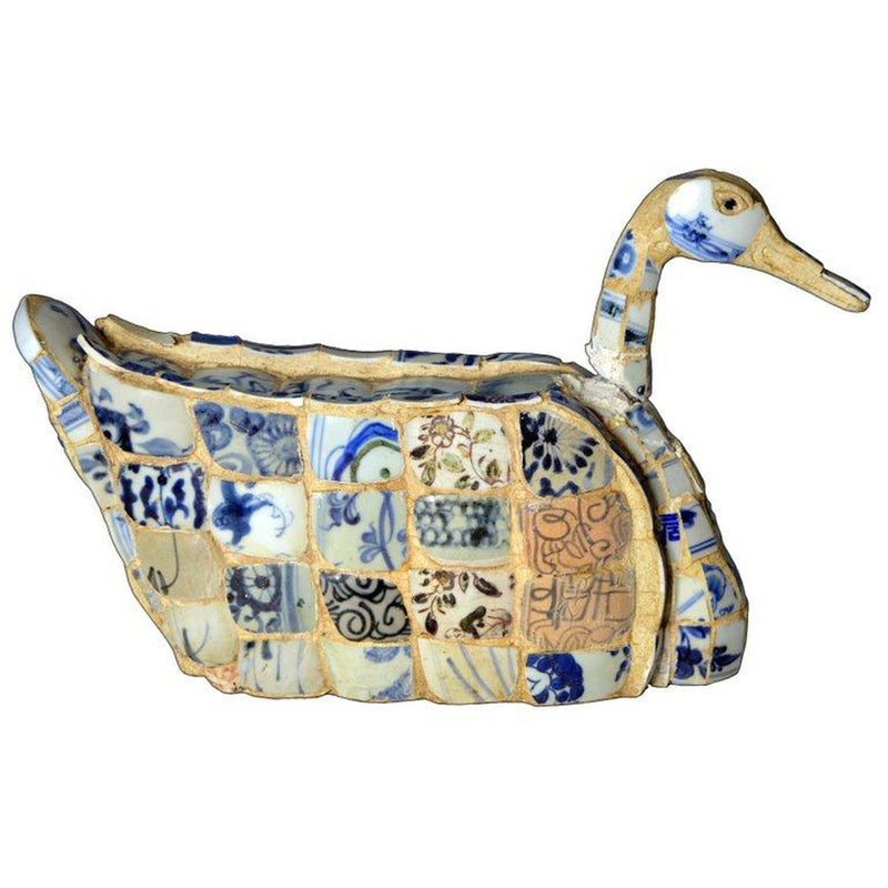 Vintage Chinese Faience Duck Sculpture with Blue Oriental Accents-YN5489-1. Asian & Chinese Furniture, Art, Antiques, Vintage Home Décor for sale at FEA Home