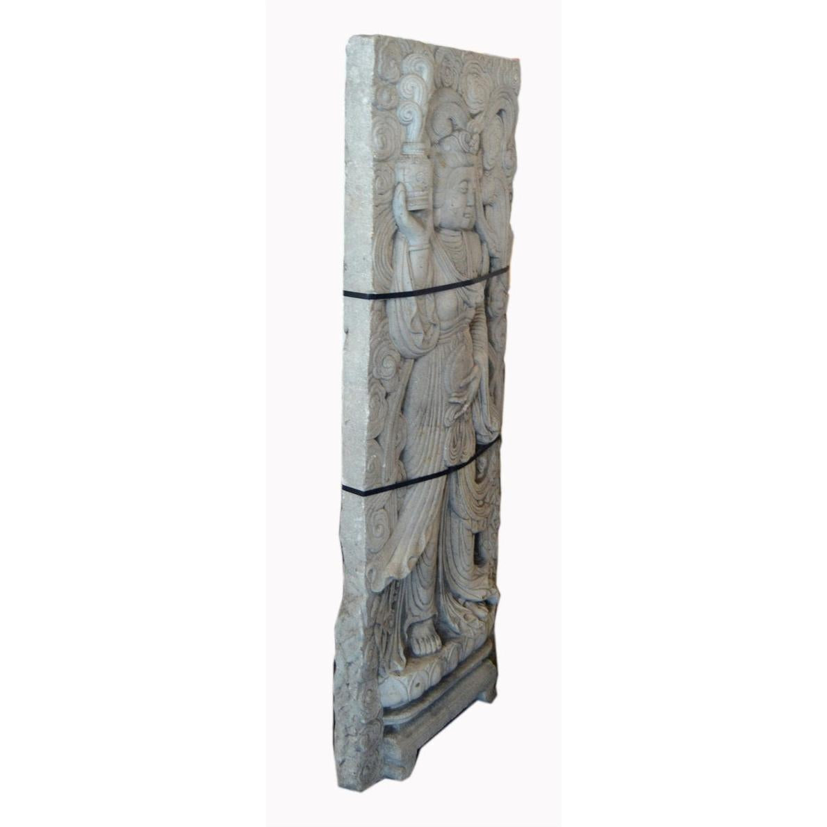 White stone Bodhisattva sculpture, hand-carved, robed, ornate headdress, front view.