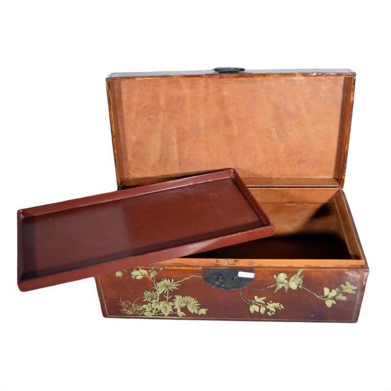 Black lacquered wood dowry box with floral designs, open lid, and removable tray, hand painted, shown for storage use.