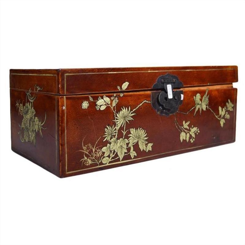 Black lacquered wooden box with hand painted floral design and black metal latch, shown against a plain background.