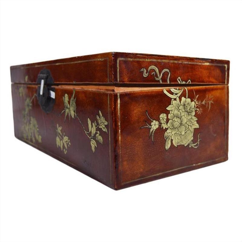 Black and gold lacquered wooden dowry box with hand painted floral designs and round metal clasp, ornate style.
